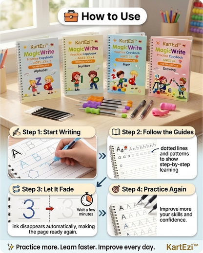 KartEzi™- Magic Handwriting Practice Reusable Copybook Set